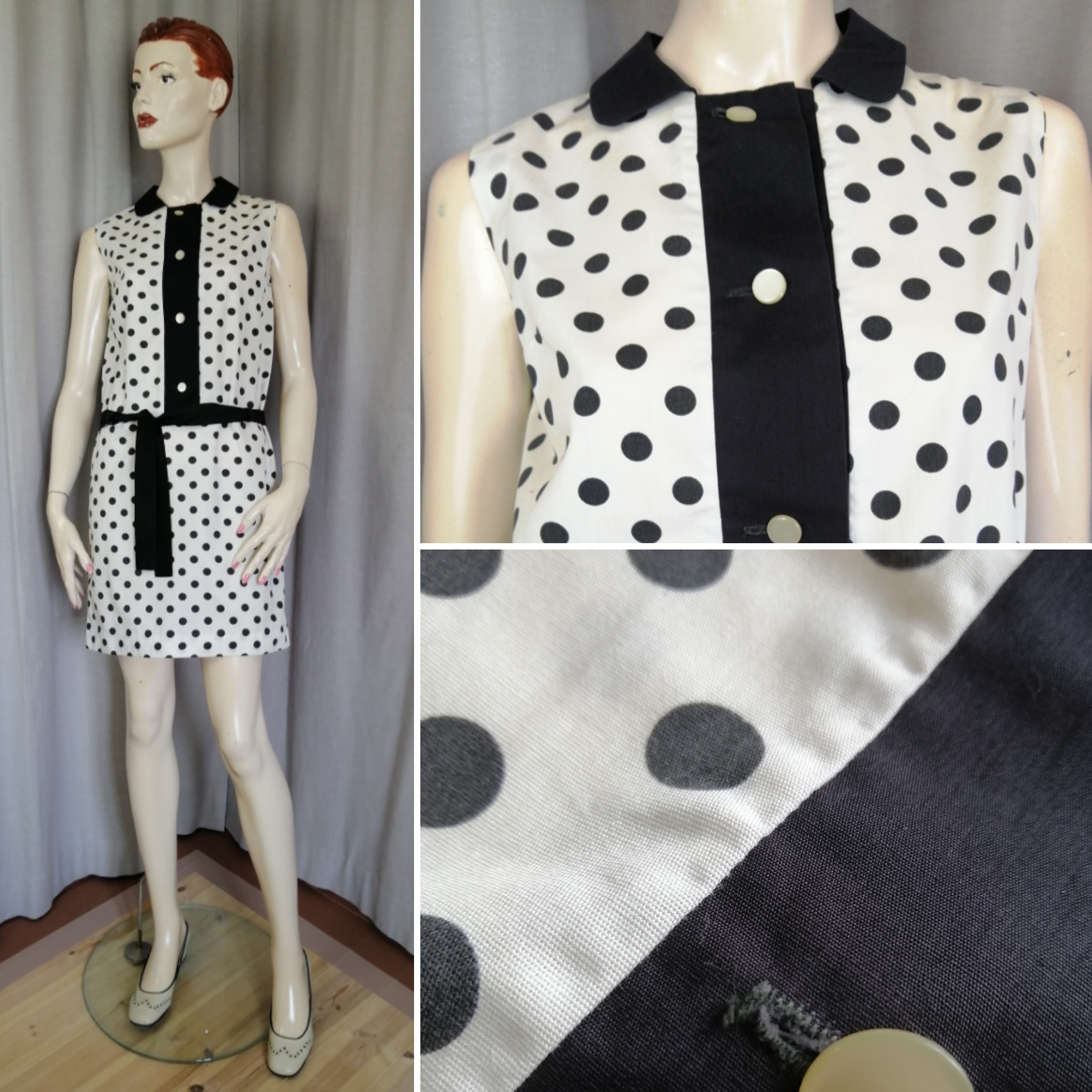 Vintage rak klänning vit med svarta prickar och detaljer ärmlös höft-skärp 60-tal