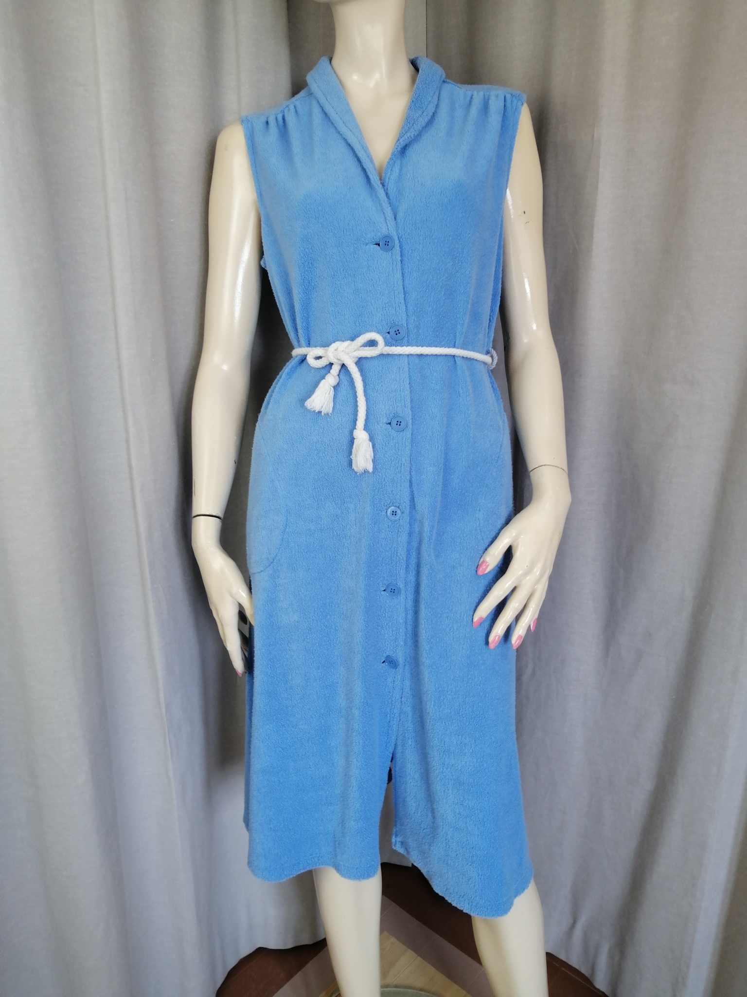 Vintage ljusblå klänning strandklänning stretch-frotté fickor rep-skärp