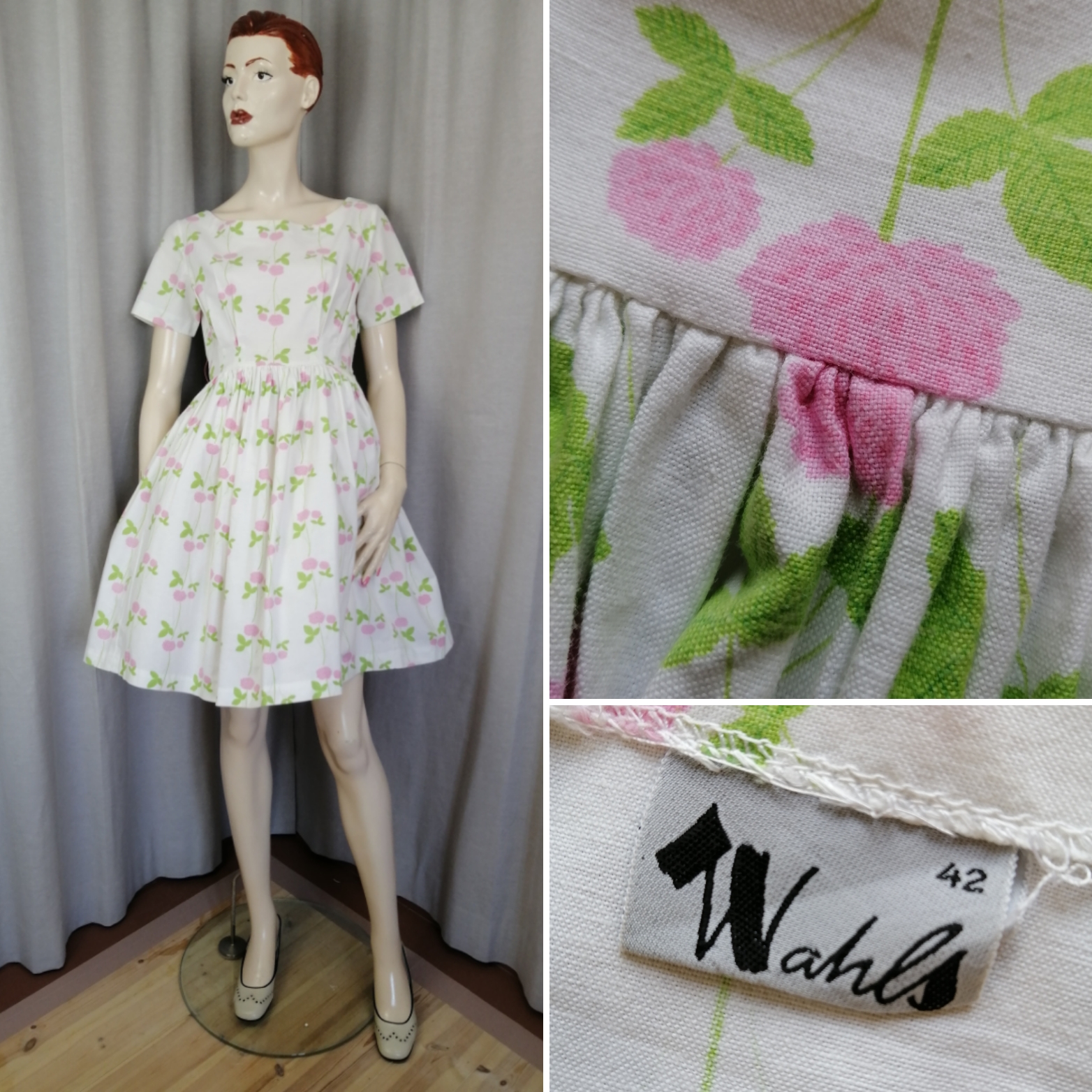 Vintage sommarklänning vit med rosa klöverblommor vid kjol 5060-tal
