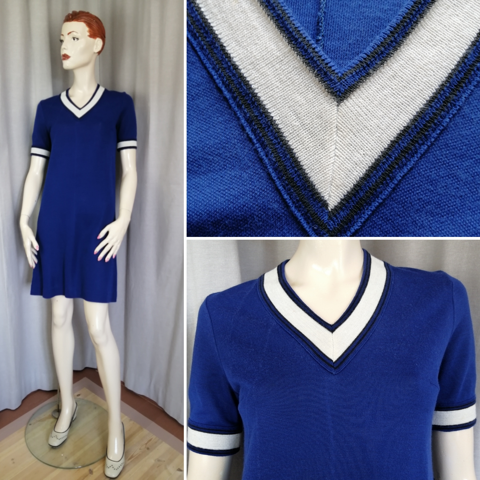 Vintage blå trikå-klänning v-ringad kort ärm vita detaljer 6070-tal