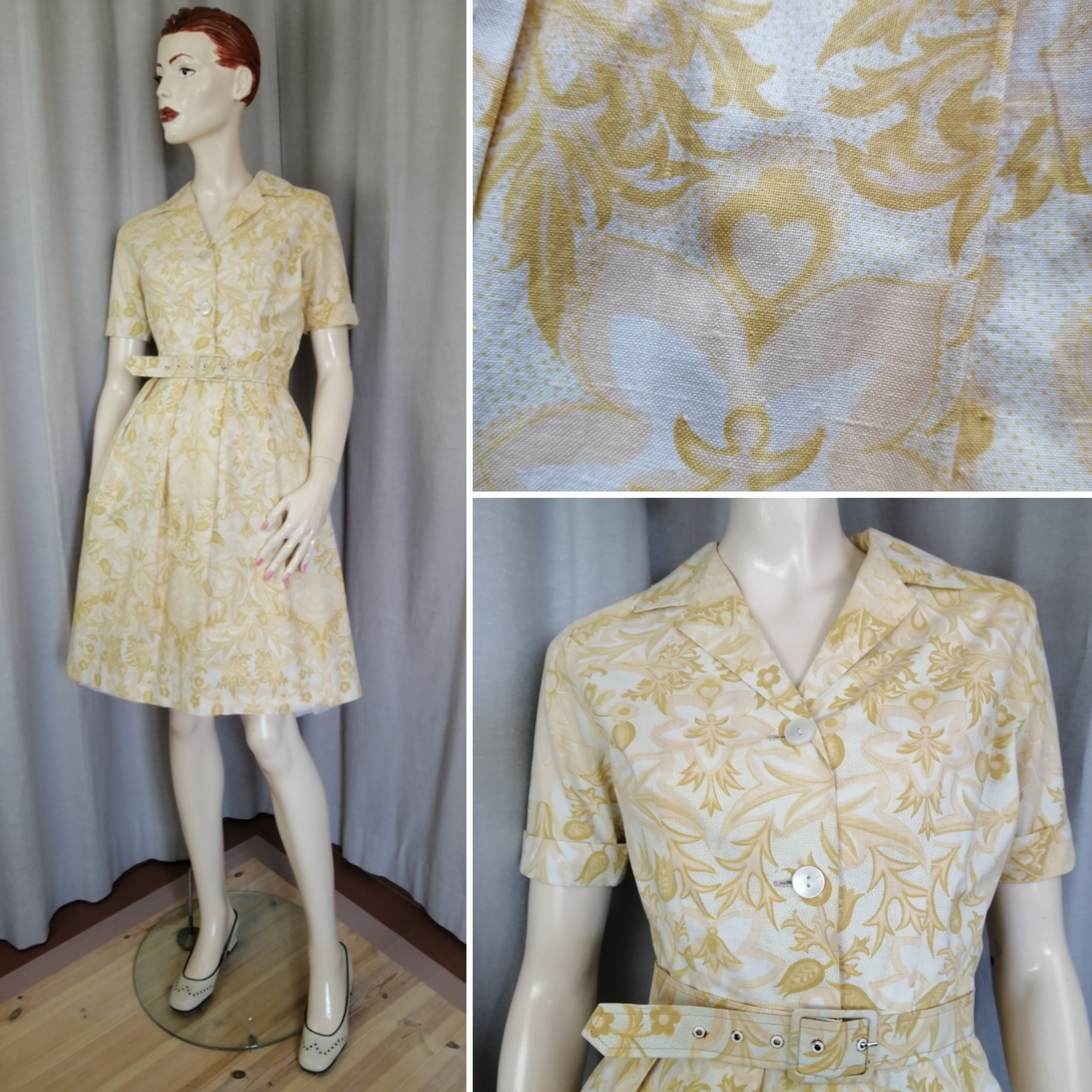 Vintage sommarklänning i milda gula toner blom-mönster vid kjol skärp 60-tal