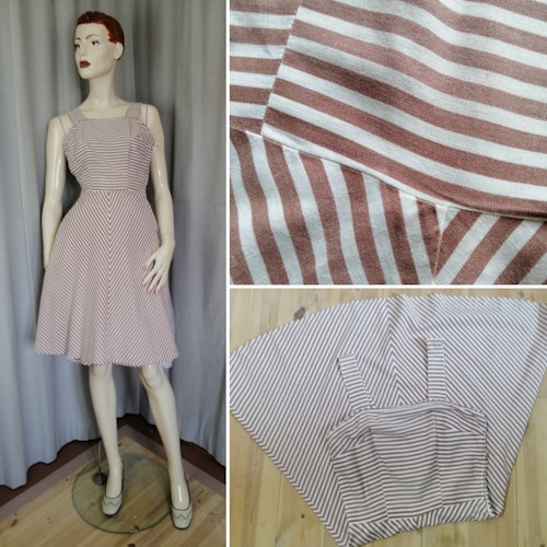 Vintage randig sommarklänning ljusbrun-vit axelband vid kjol 60-tal
