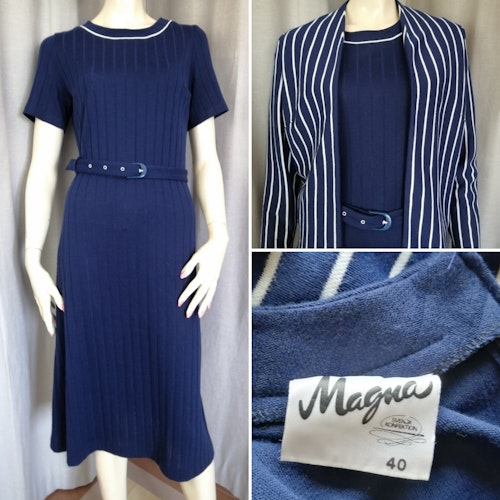 Vintage 3-delad dress, klänning, jacka, skärp blå och bli-vit-randig stickat 70-tal