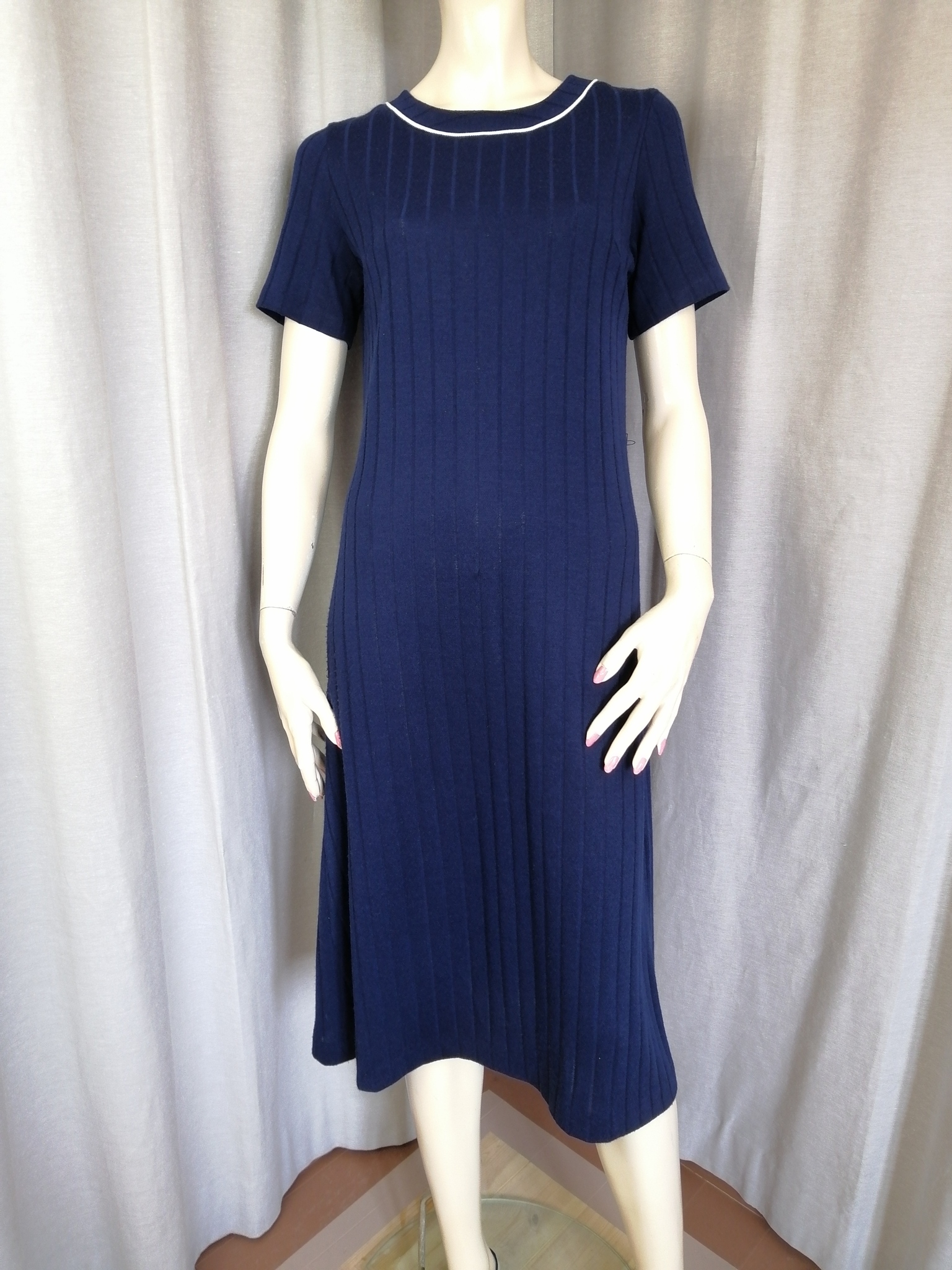 Vintage 3-delad dress, klänning, jacka, skärp blå och bli-vit-randig stickat 70-tal
