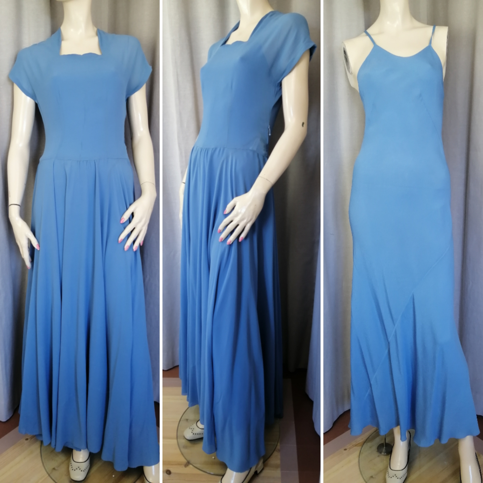 Vintage balklänning mellanblå tunt tyg, underklänning vid kjol fin ringning 50-tal
