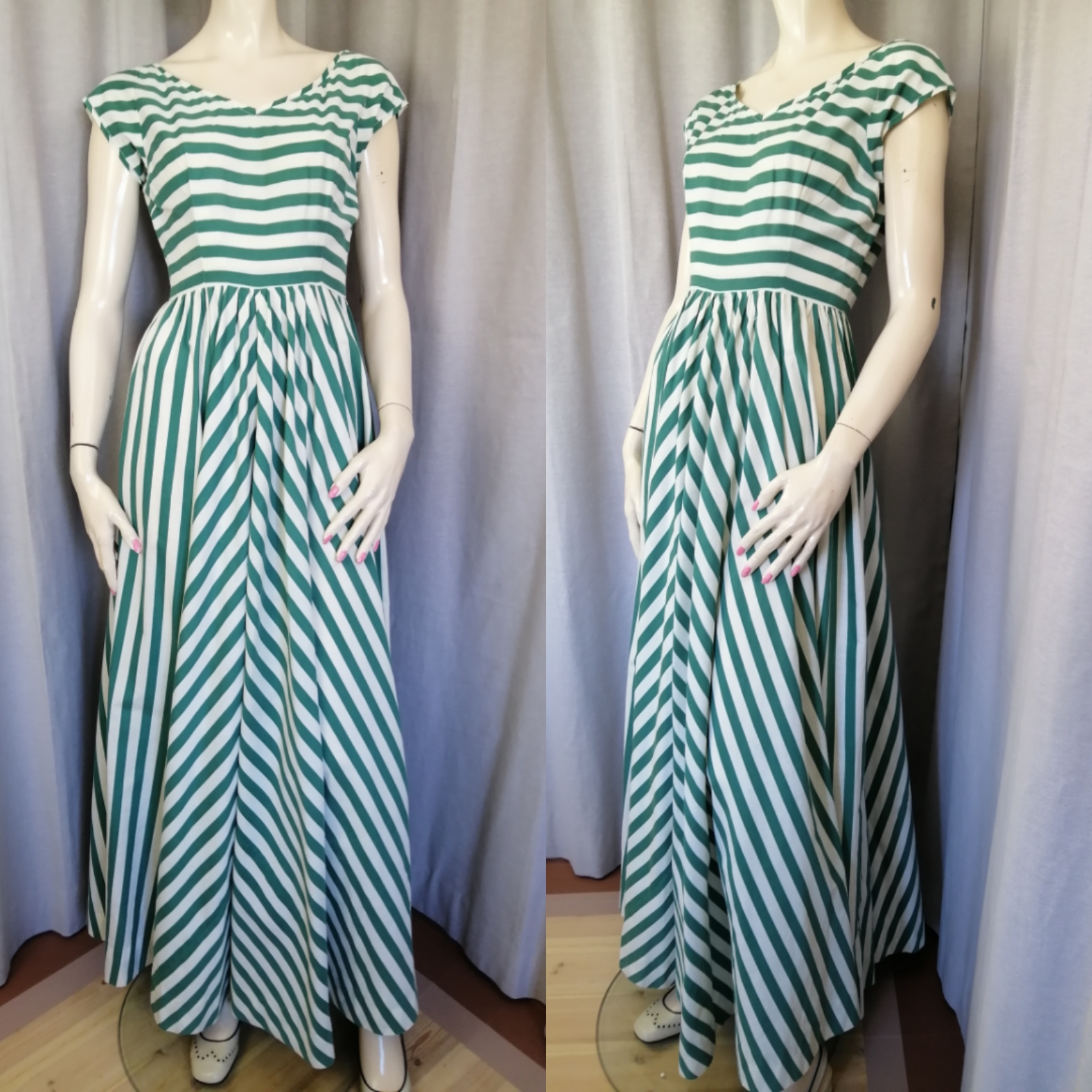 Vintage långklänning extra vid kjol randig grön vit bomull, knappar baktill 50-tal