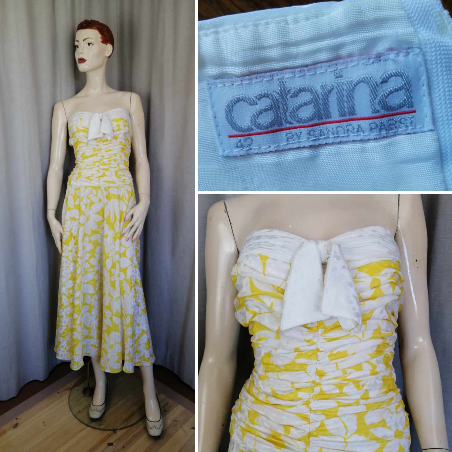 Vintage festklänning 80-tal axelbandslös gul vit draperat liv rosett fram blank