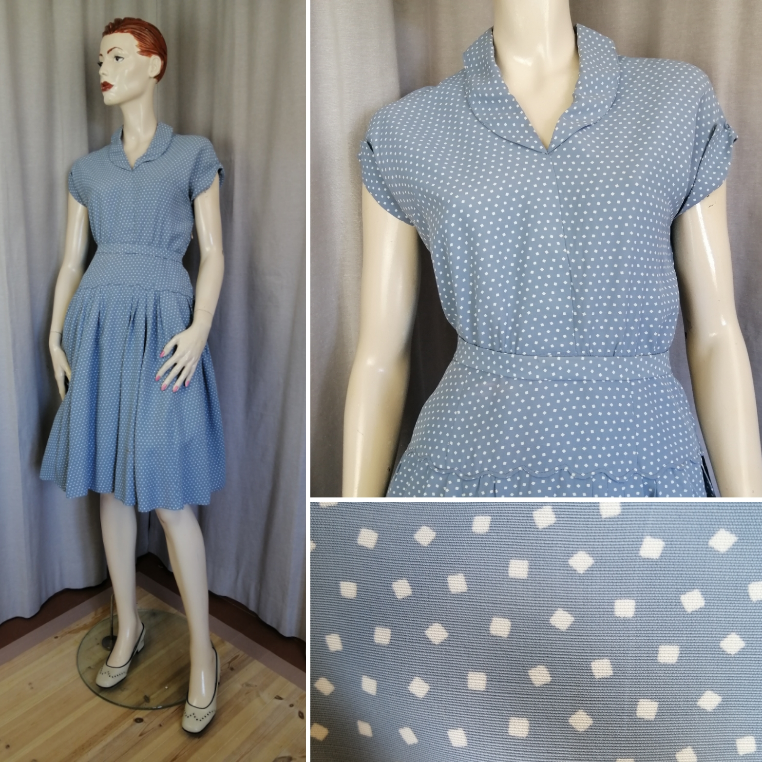 Vintage prickig klänning ljusblå vit avskuren midjan holkärm vid kjol 60-tal
