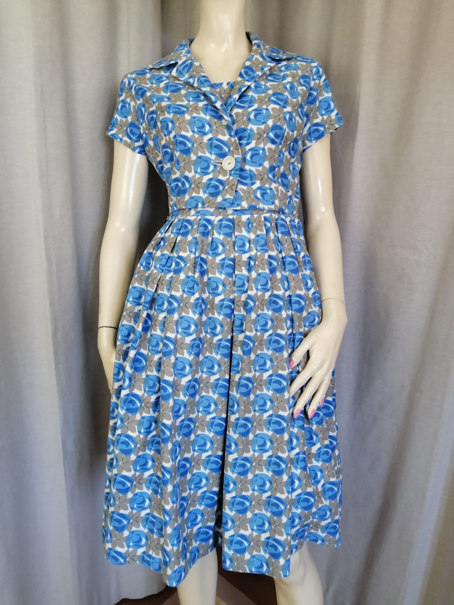 Vintage sommarklänning med bolero vit blå beige bomull vid kjol 60-tal