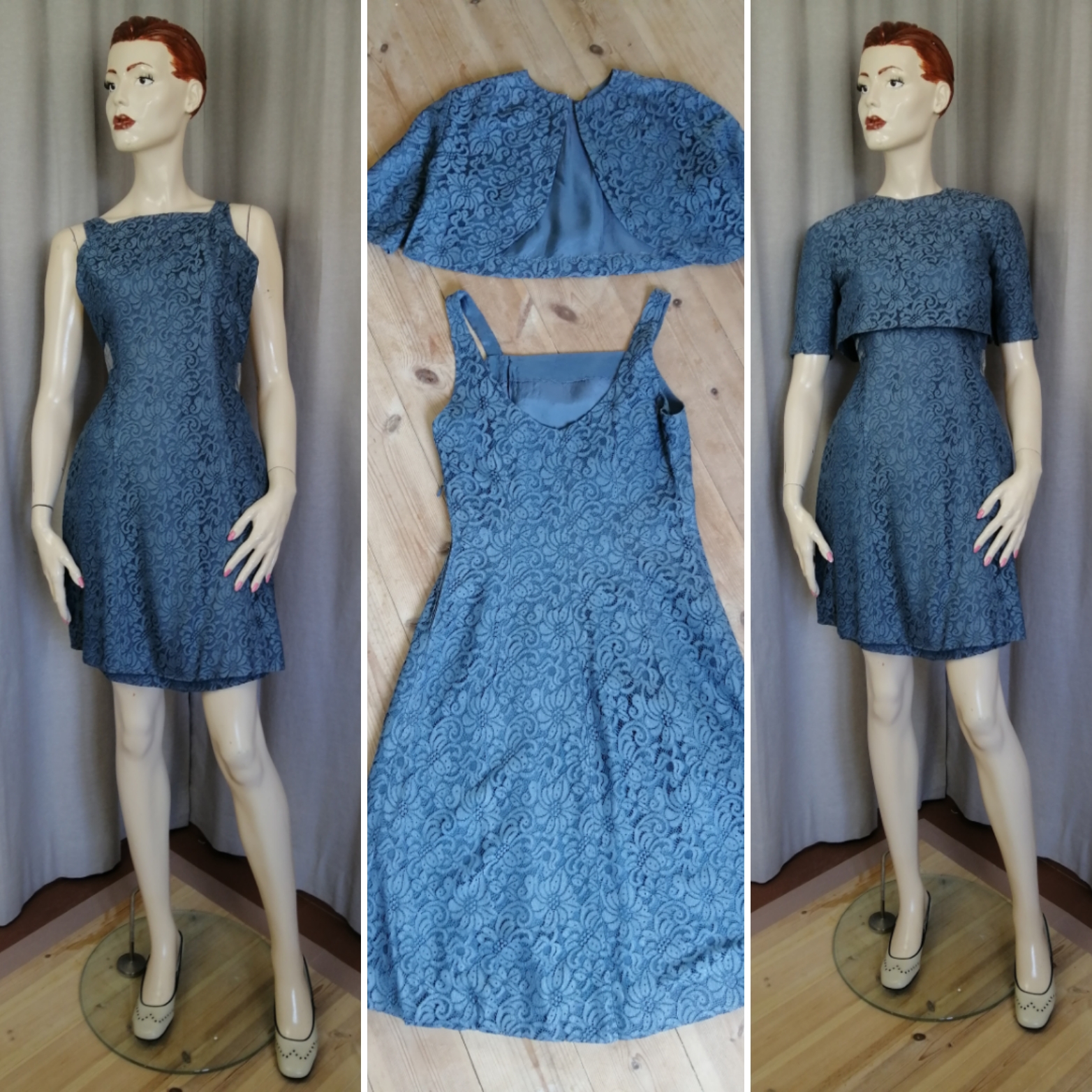 Vintage blå spetsklänning kort figursydd med bolero som knäpps baktill 60-tal