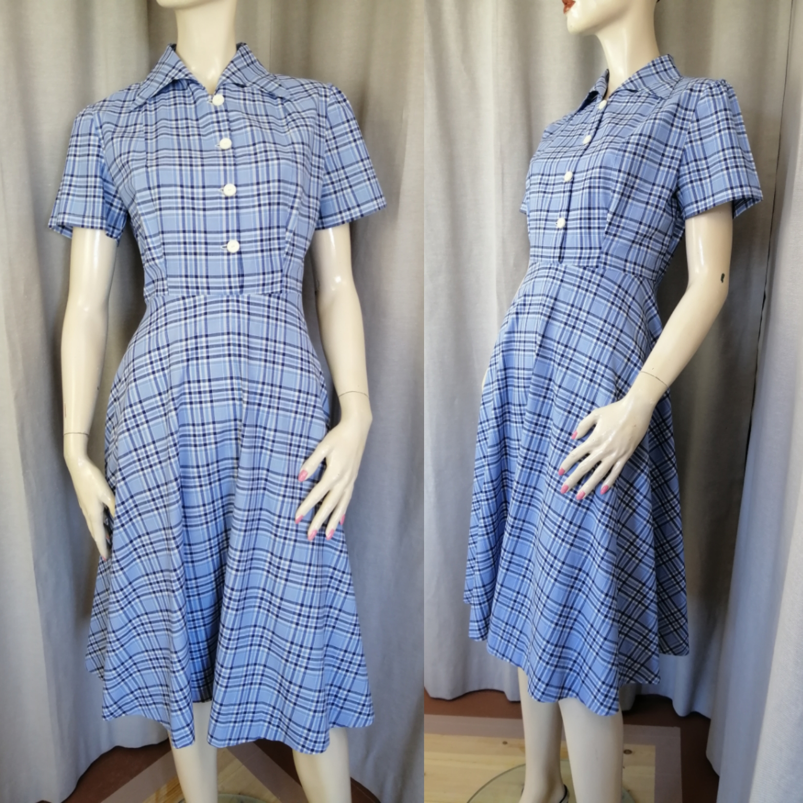 Vintage blå-rutig skjortklänning klockad kjol knappar fram kort ärm 70-tal