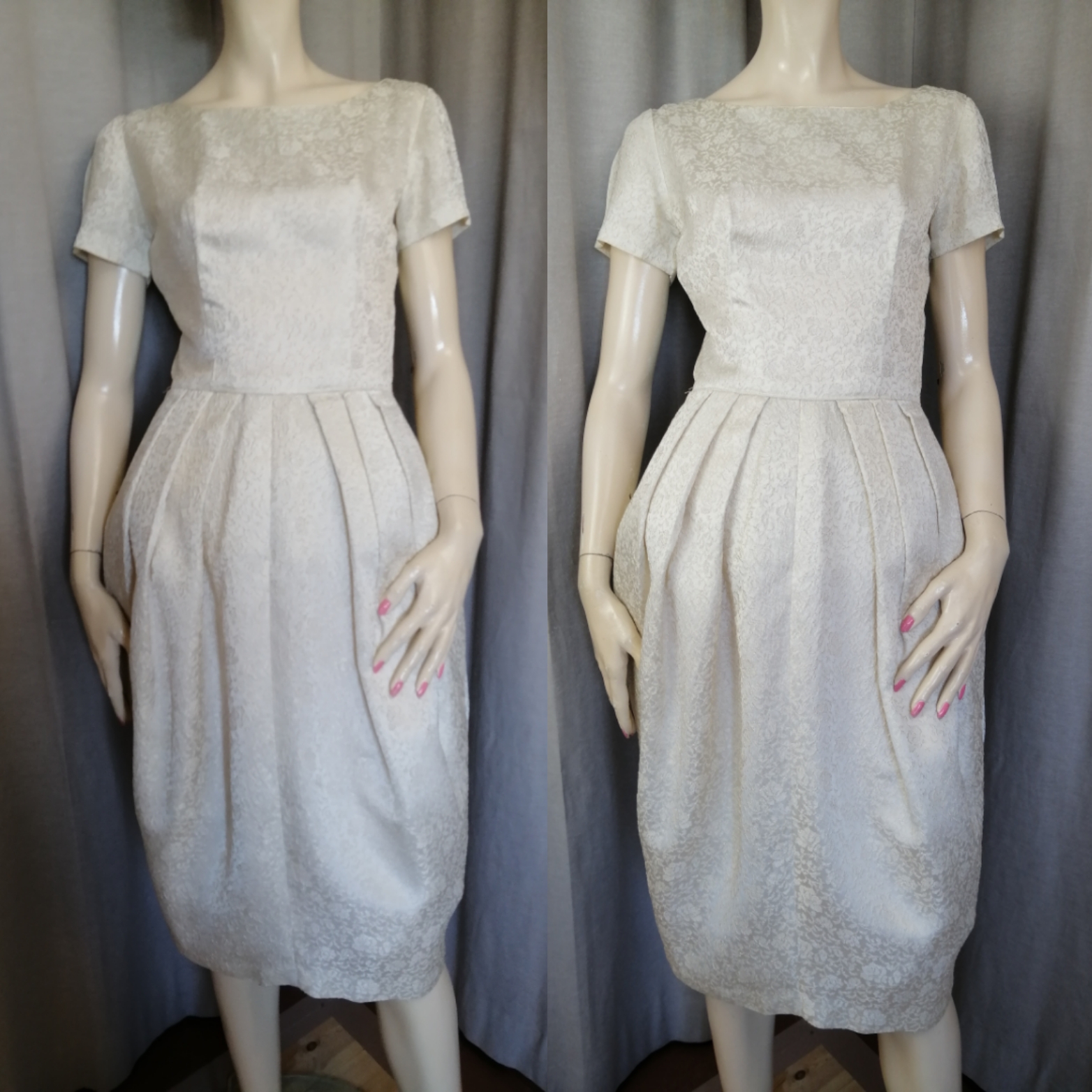 Vintage brudklänning silvervit kort tulpanformad kjol kort ärm blom-mönster 60-tal