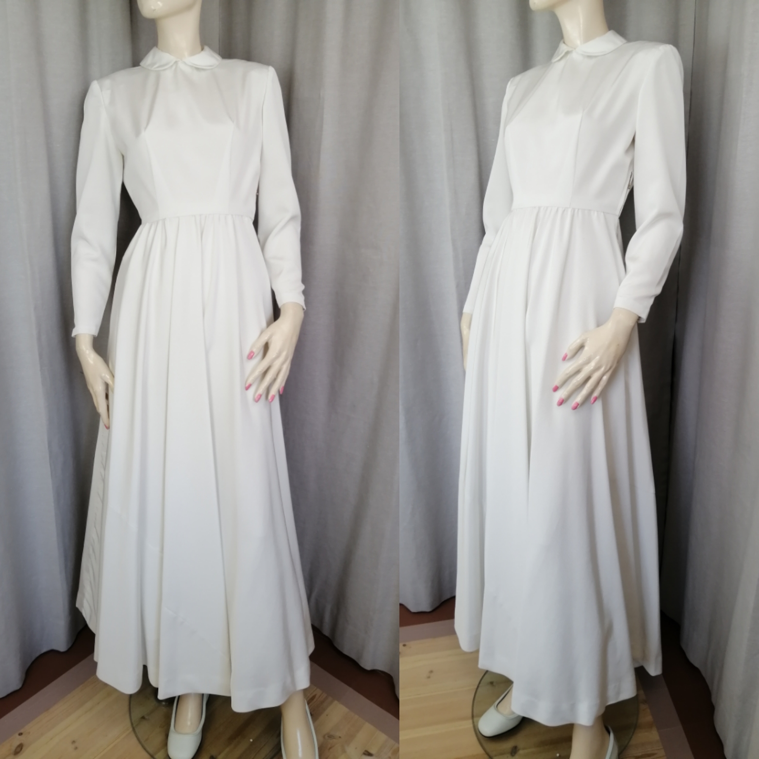 Vintage prydlig vit brudklänning 40-tal lång ärm vid kjol liten söt krage rips