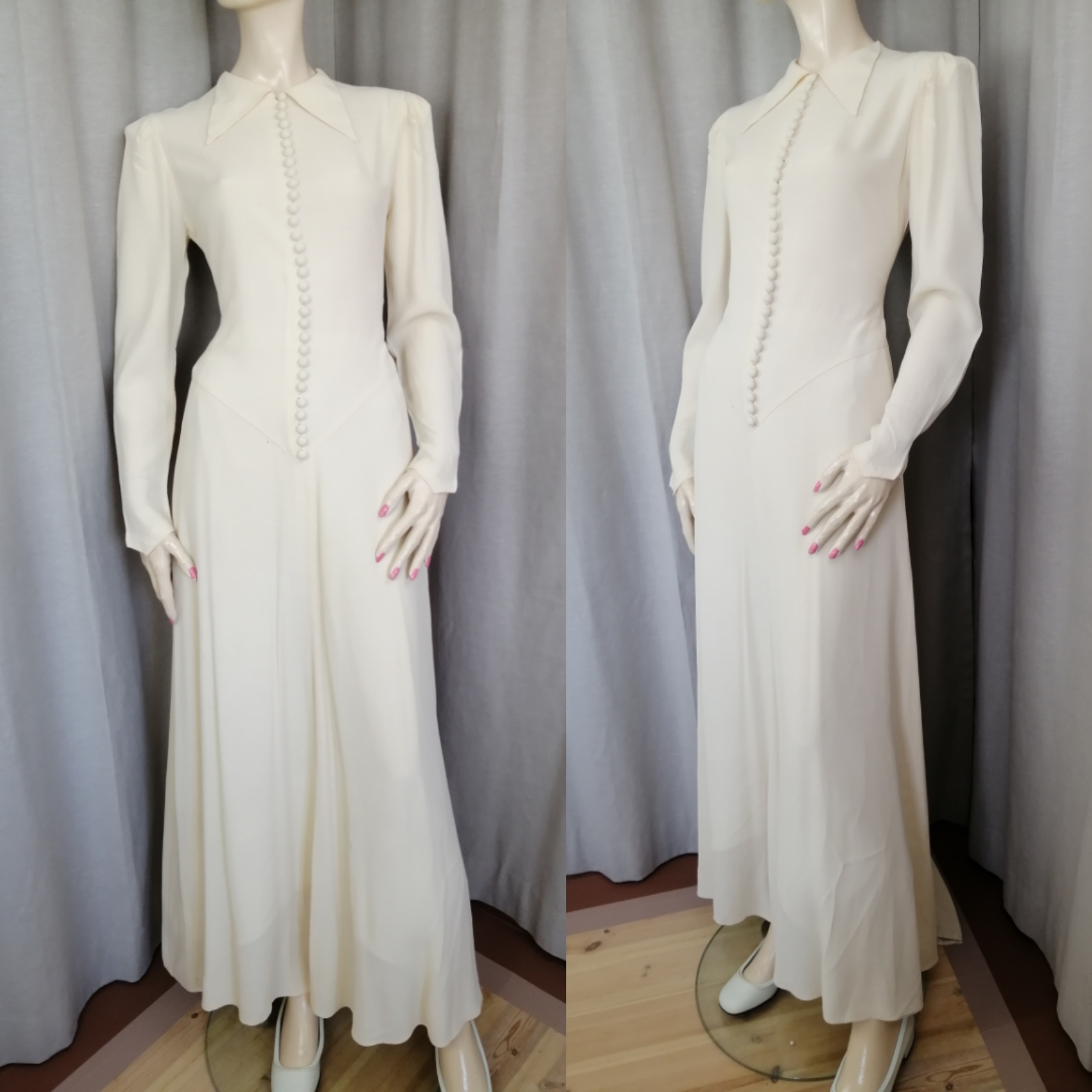 Vintage lång gulvit brudklänning 40-tal massor av klädda knappar lång ärm