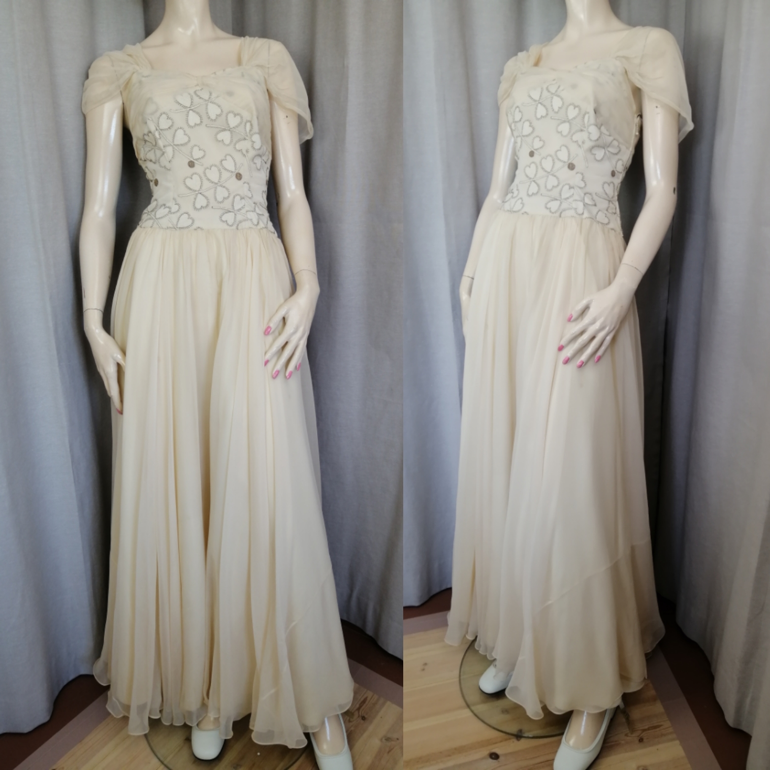 Vintage festklänning balklänning lång gulvit böljande kjol broderat liv draperad axel 50-tal