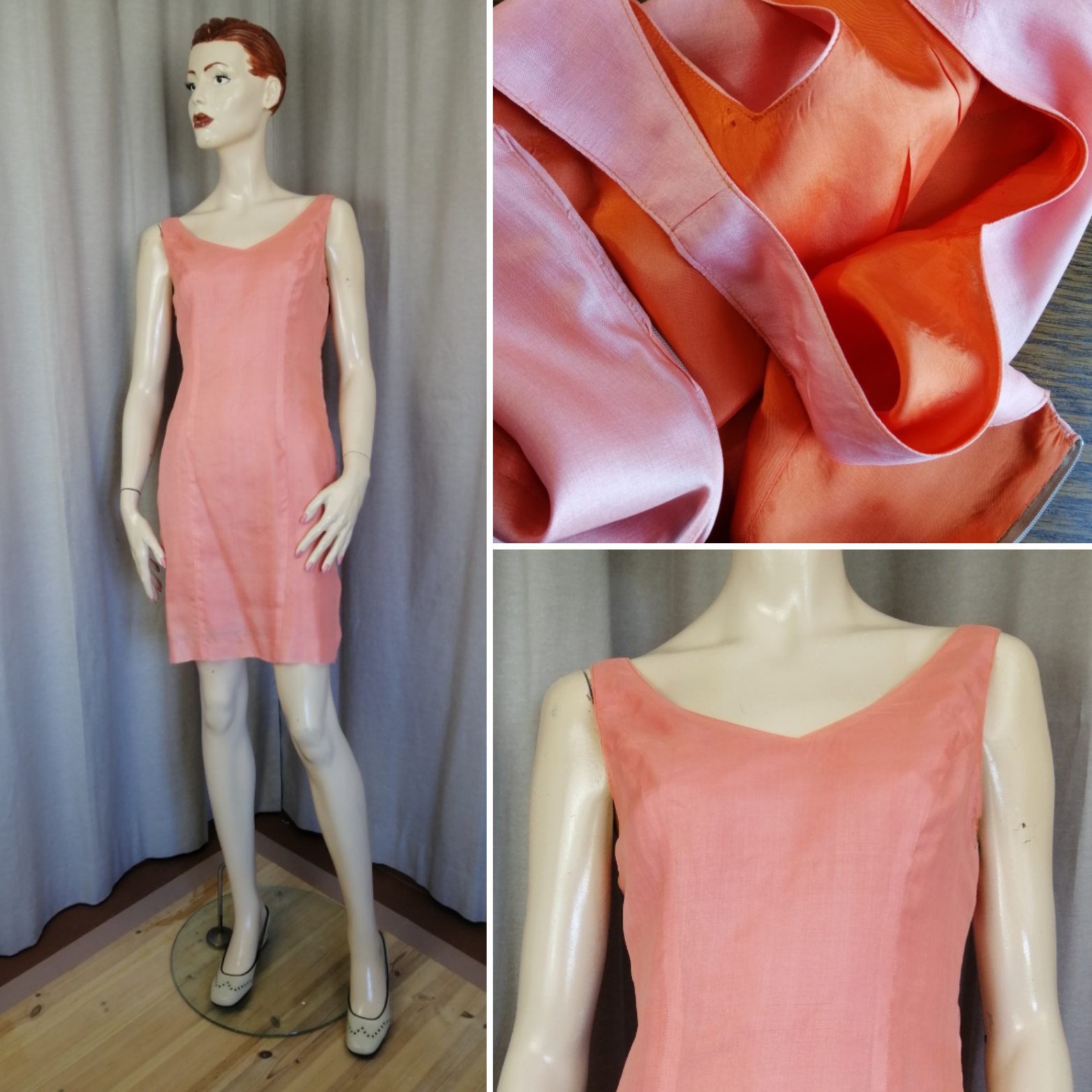 Vintage festklänning fodralklänning orange-rosa figursydd ärmlös