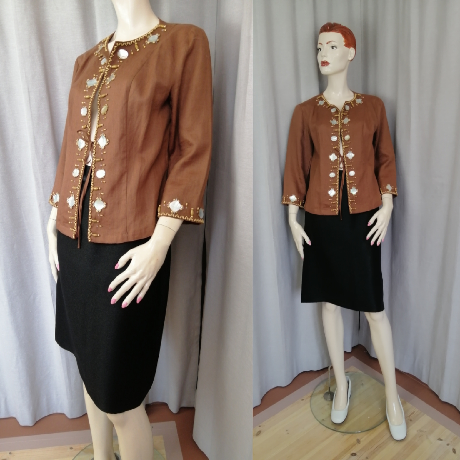 Second Hand brun blus-jacka med pärlemor och träpärl-detaljer  linne/bomull