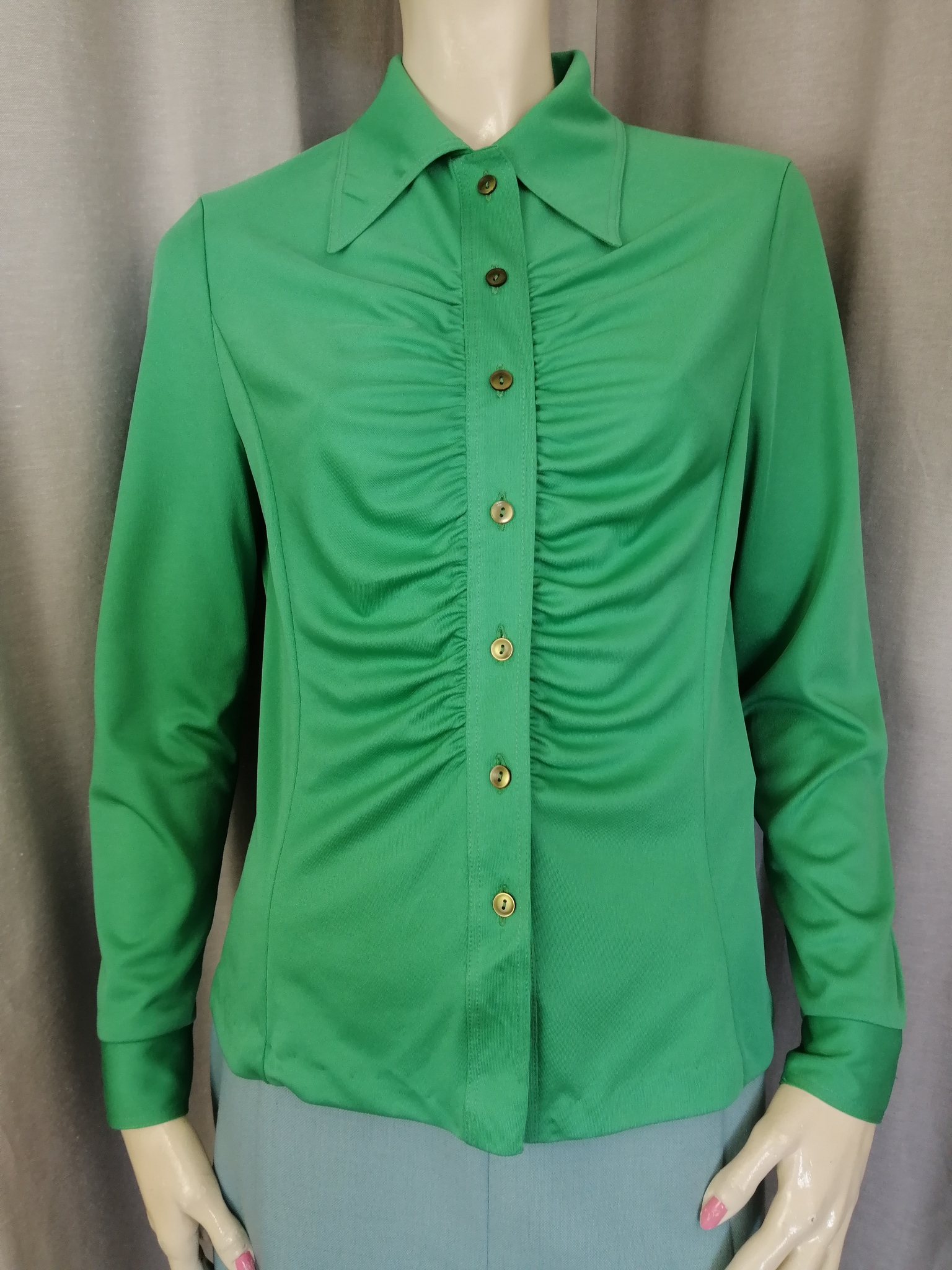 Vintage Lapidus grön blus draperad fram lång ärm 70-tal polyester