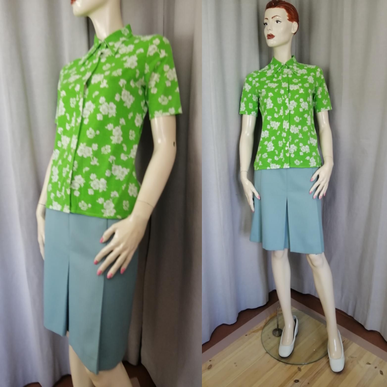 Vintage kortärmad blus grön med vita blommor knappar fram t-shirtmaterial 70-tal