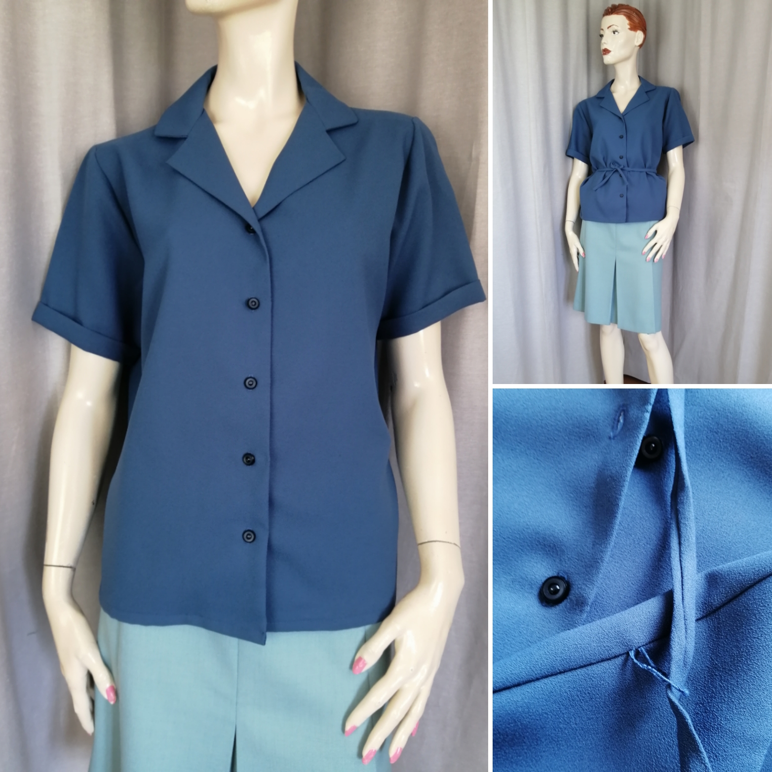Vintage blus kort jacka dovt blå knappar fram knytskärp och kort ärm 60-tal