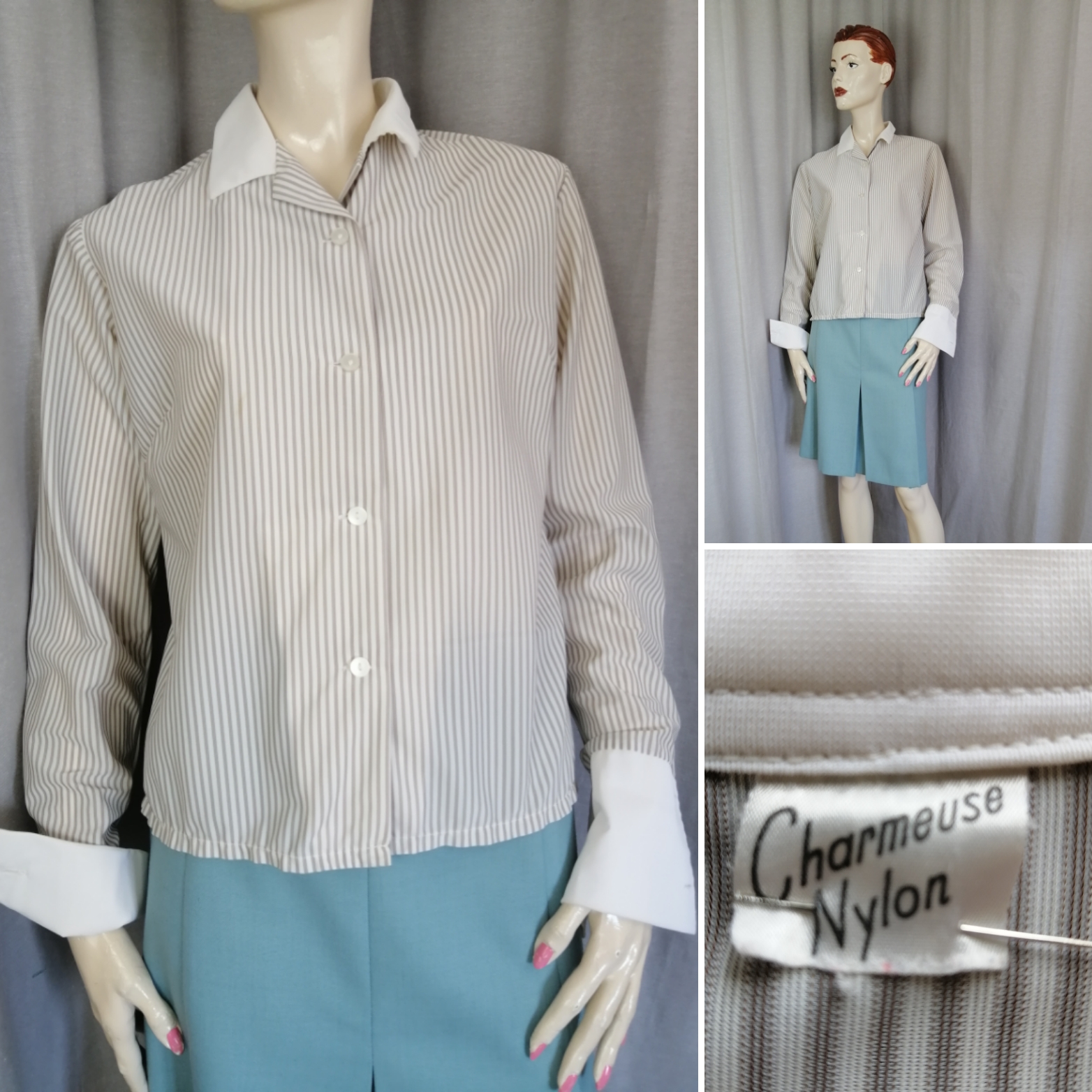 Vintage nylon-skjorta blus dam svagt brun-randig vit krage manschetter 50-tal