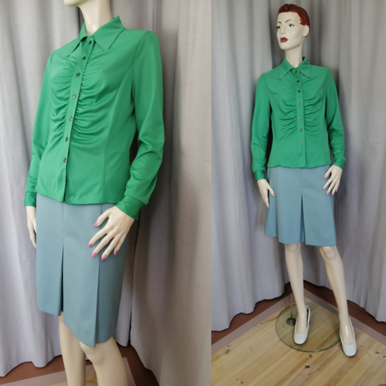 Vintage Lapidus grön blus draperad fram lång ärm 70-tal polyester