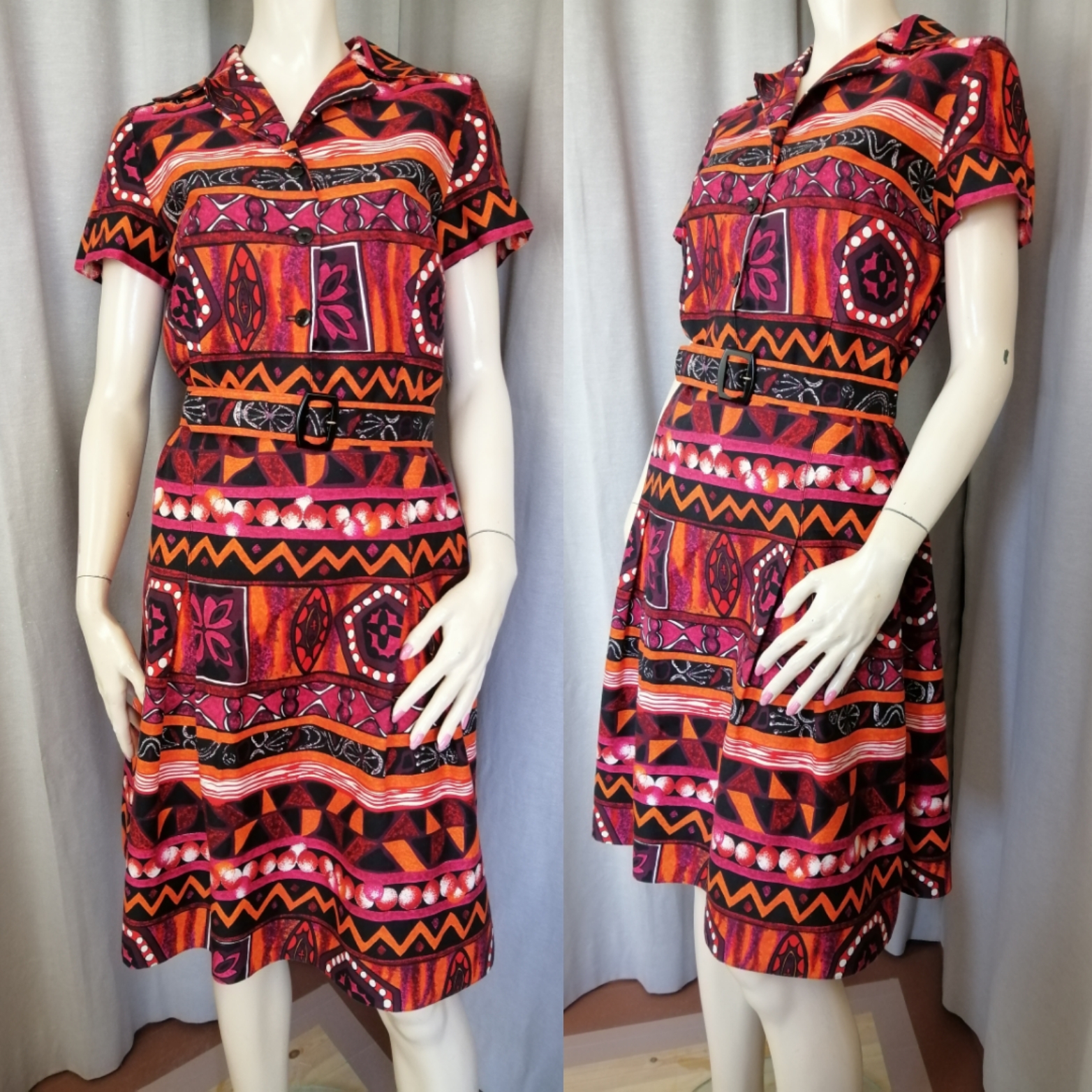 Vintage stormönstrad klänning bomull röd orange svart kort ärm skärp 70-tal
