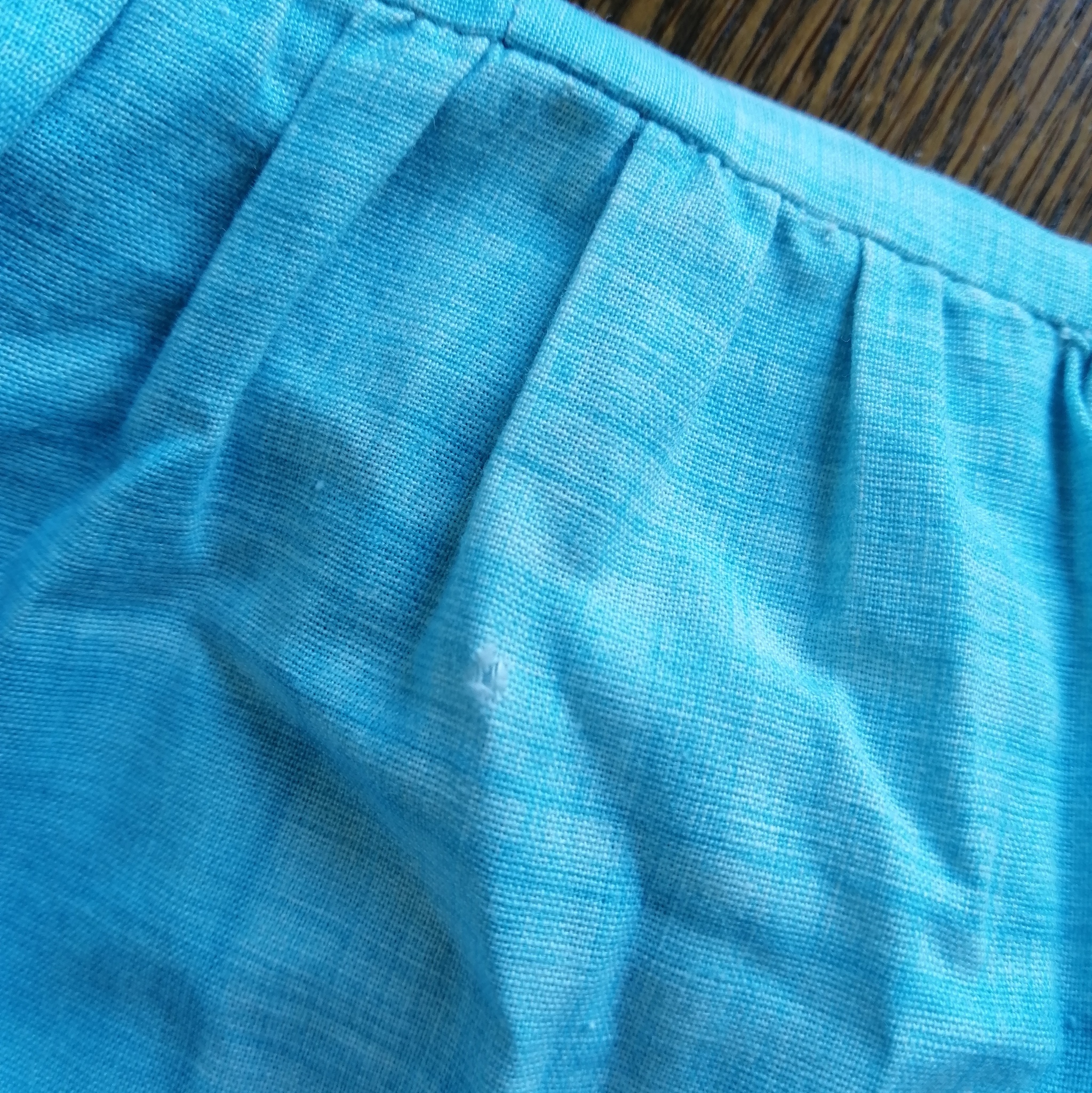 Vintage ärmlös sommarklänning bomull turkos-blå rutig fickor skärp 60-tal