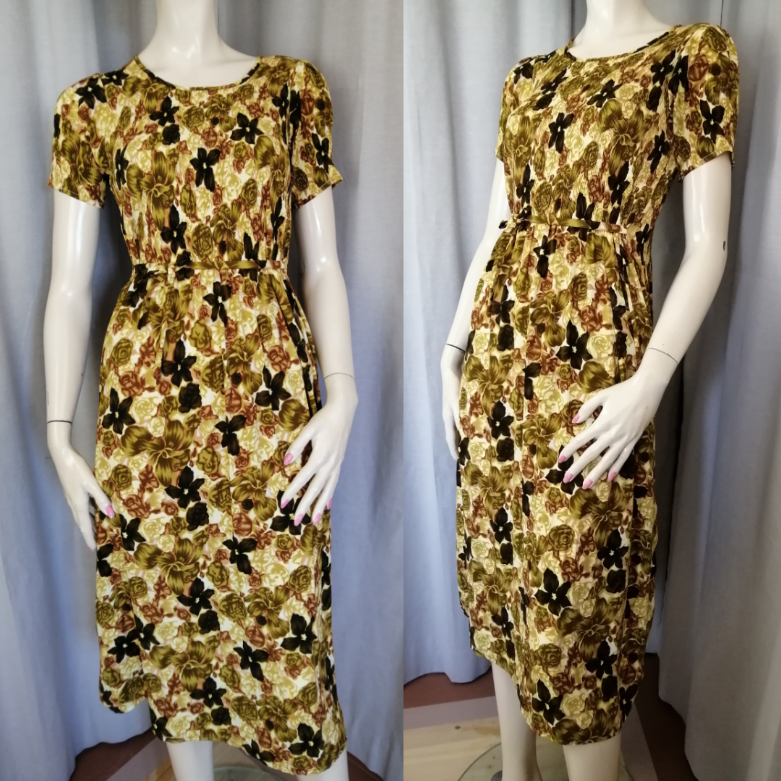 Vintage Hawaii-mönstrad längre klänning gul-brun brun smock upptill 60-tal 70-tal
