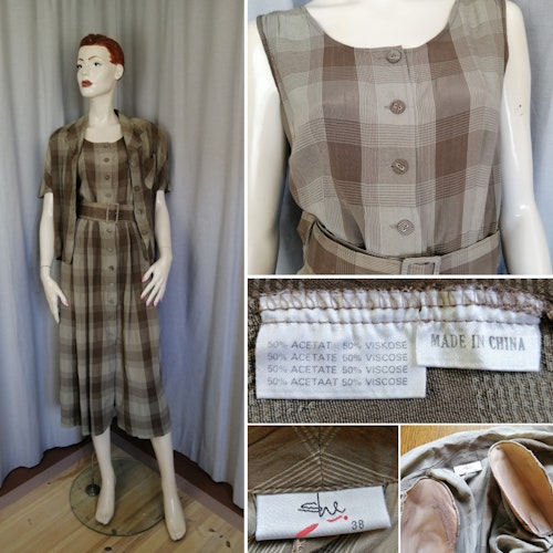 Vintage ärmlös längre klänning med jacka och skärp 80-tal brun beige-rutig