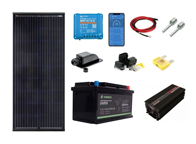 Off-Grid paket Husbild/Camper 150W solpanelskit + inverter + batteri