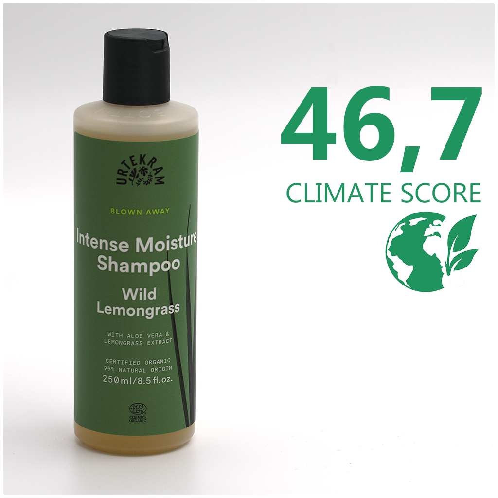 En flaska Urtekram Blown Away Wild Lemongrass Intense Moisture Shampoo 250ml med Climate score 47
