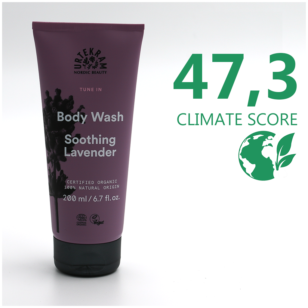 En tub Urtekram Tune In Soothing Lavender BodyWash 200ml med Climate score 47