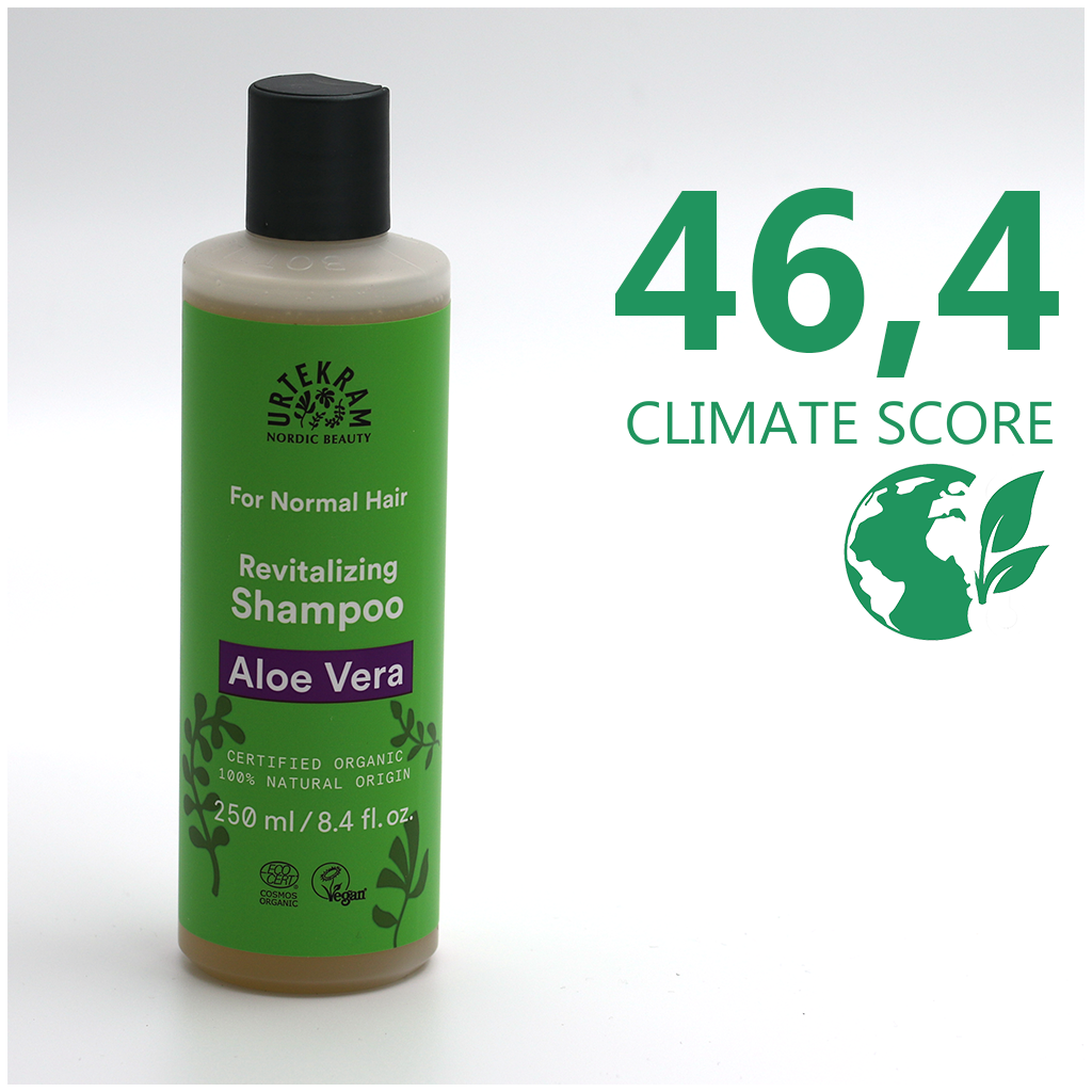En flaska Urtekram Aloe Vera Shampoo normal 250ml med Climate Score
