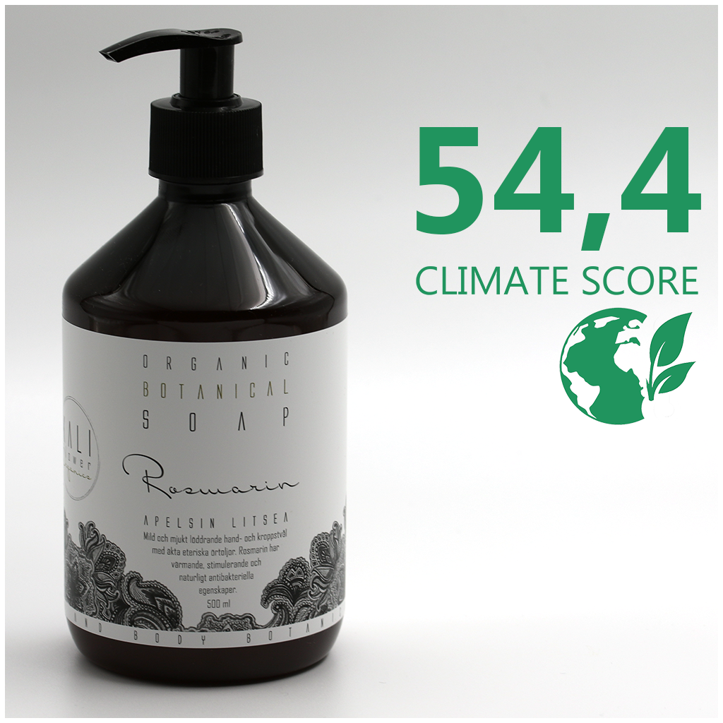 En flaska Kaliflower Organics Pumptvål - Rosmarin Apelsin Litsea 500 ml med Climate score 54