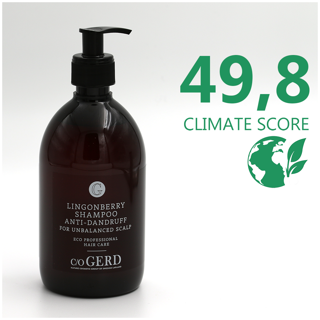 En flaska Care of GERD Lingonberry Shampoo 500ml med Climate score 50