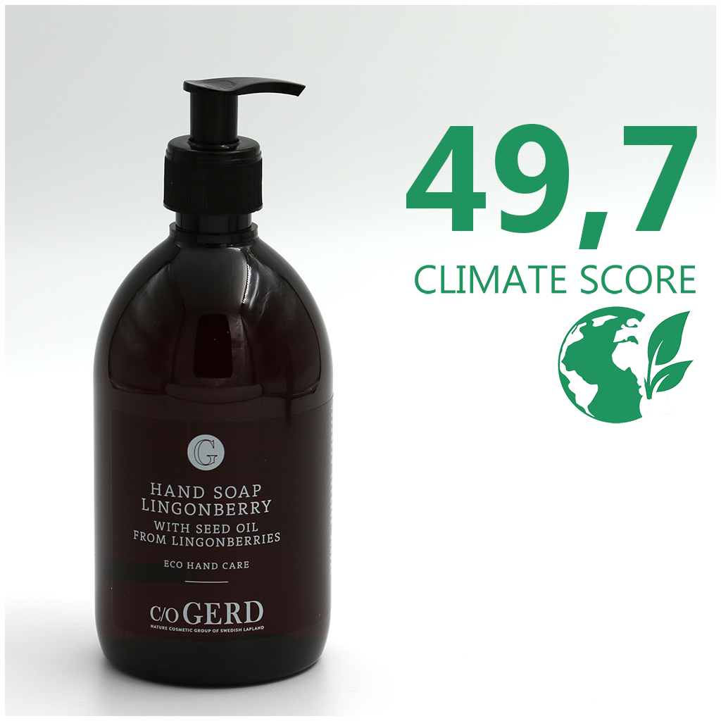 En flaska Care of GERD Hand Soap Lingonberry 500ml med climatescore 50