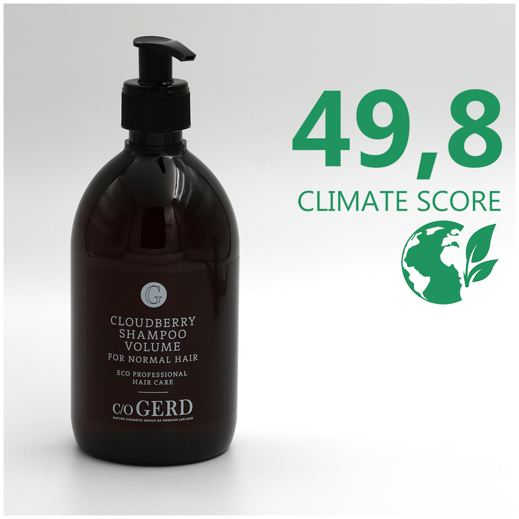 En flaska Care of GERD Cloudberry Shampoo 500ml med Climate score 50