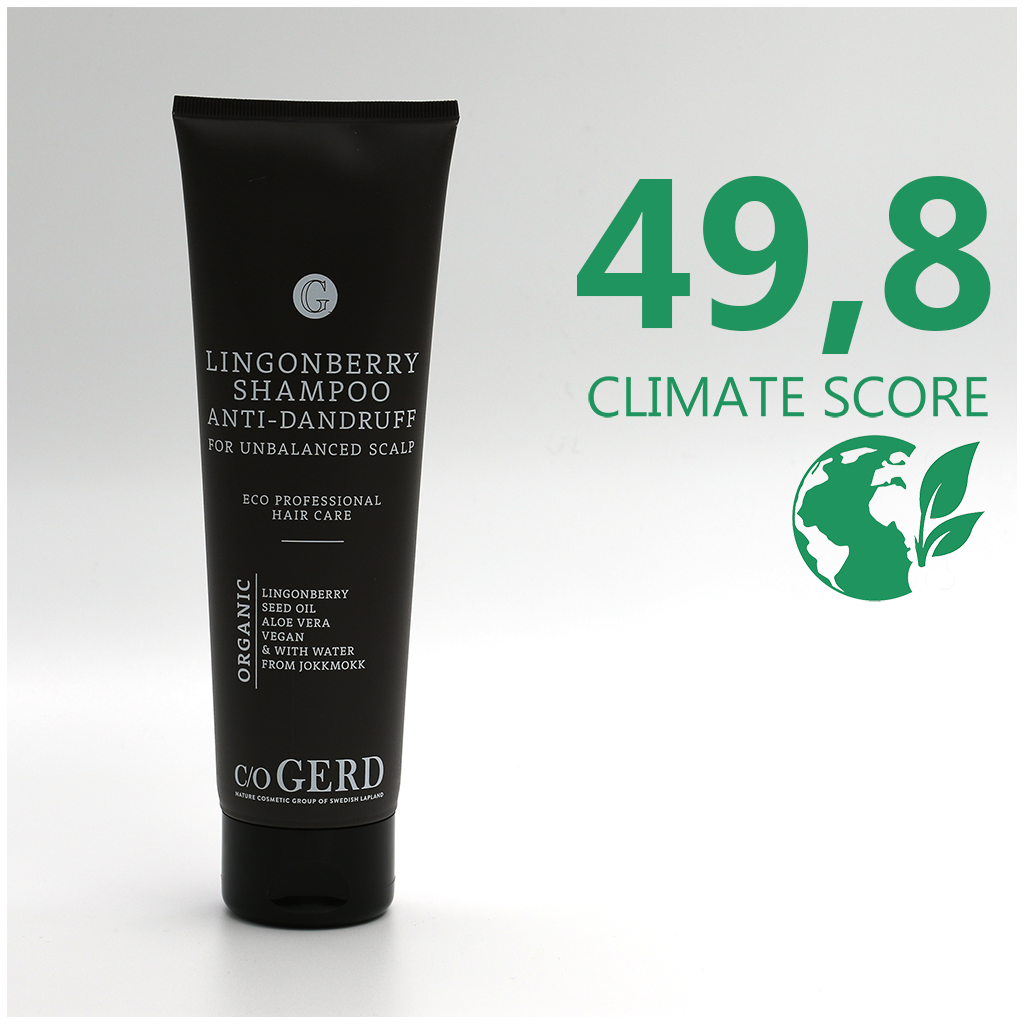 En flaska Care of GERD Lingonberry Shampoo 275ml med Climate score 50