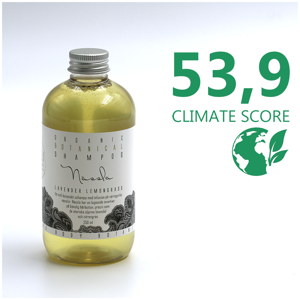 En flaska Kaliflower Organics Schampo - Nässla, Lavendel och Citrongräs 250 ml med Climate score 54