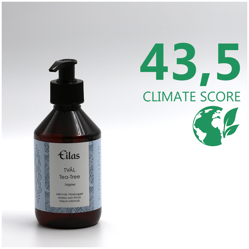 En flaska Eilas Tvål  Tea-tree 260ml med Climate score 44