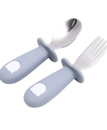 Besticken LEO i silikon och stainless steel Gråblå