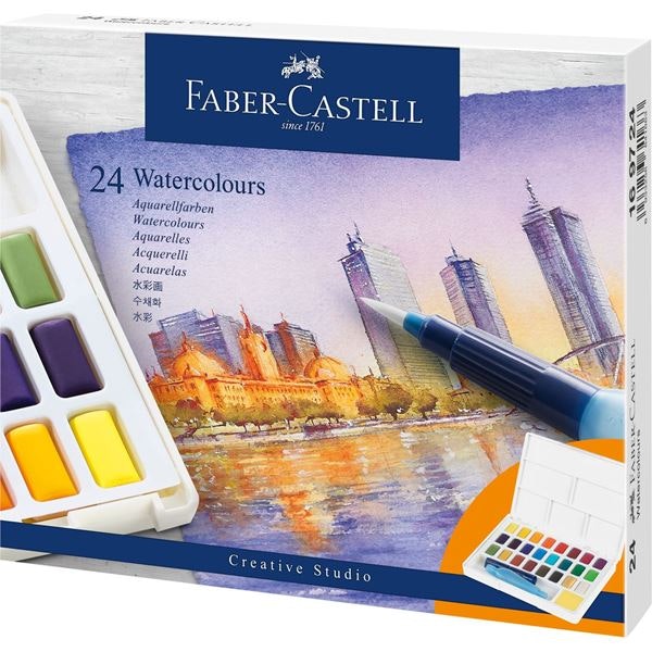 Akvarellset Faber-Castell 24 sorterade färger helkopp + vattenpensel  högpigmenterad glada ungmön