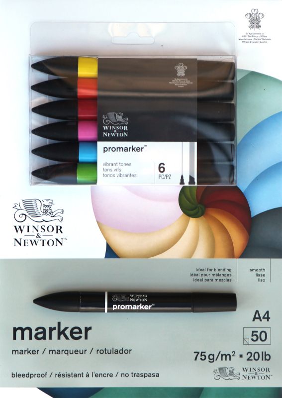 Block + 6 st färgmarkerpennor + 3 st svarta markerpennor i ett paket