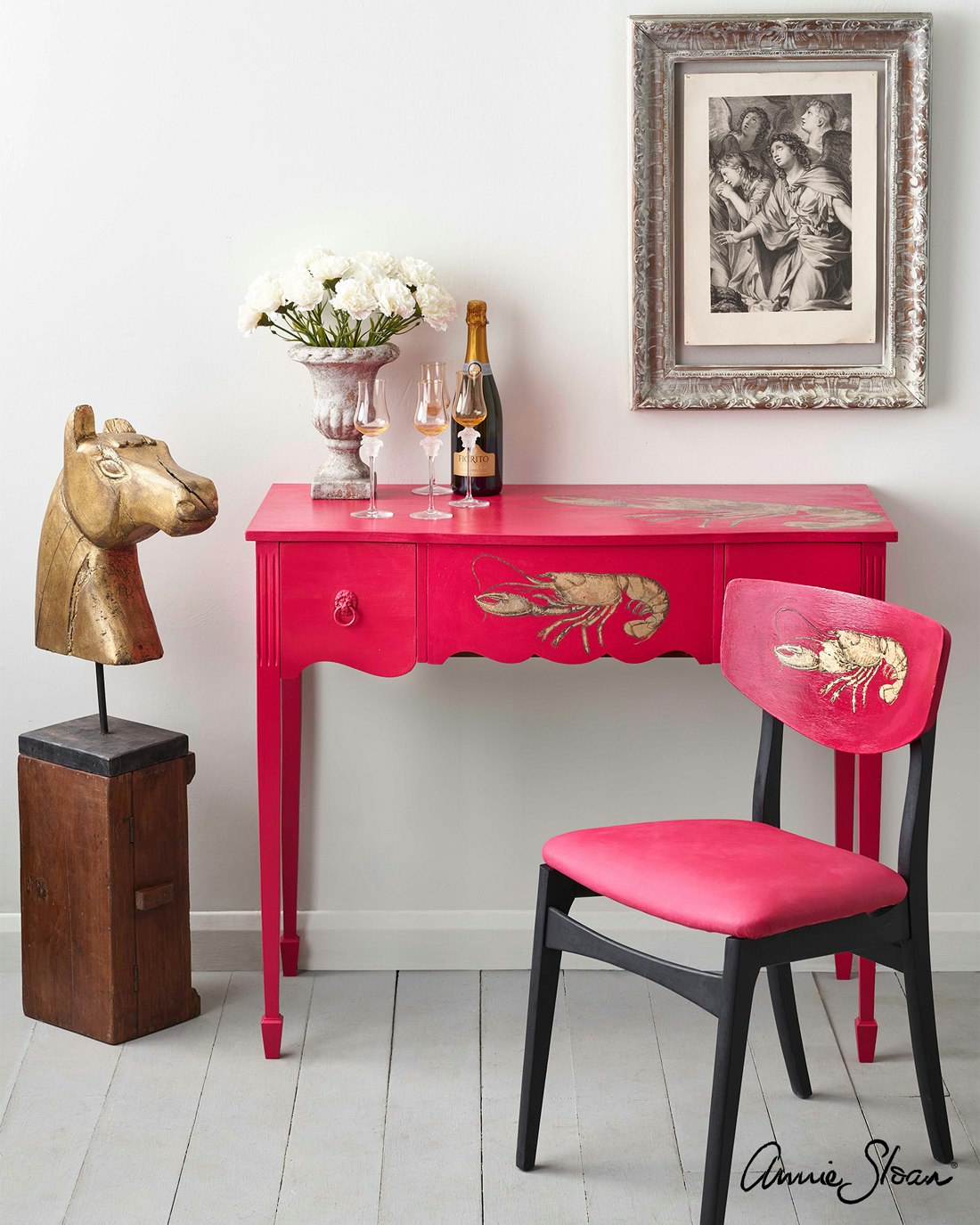 Annie Sloan Chalk paint Capri Pink målat skrivbord stol Glada ungmöns diversehandel bild 5