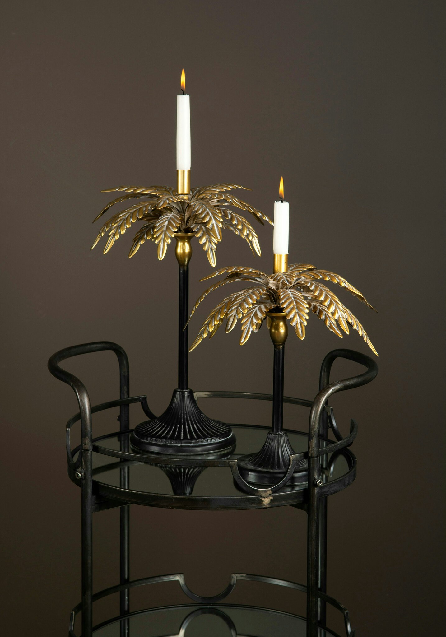 Ljusstake, metall, palmblad,