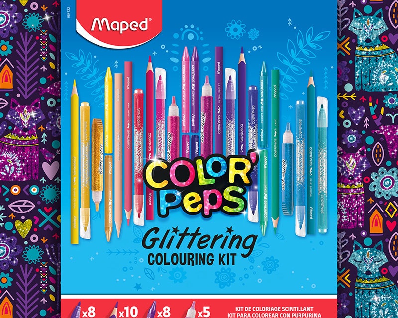 Maped glitter målarlåda, pennor, lila, rosa, grön, gul, blå