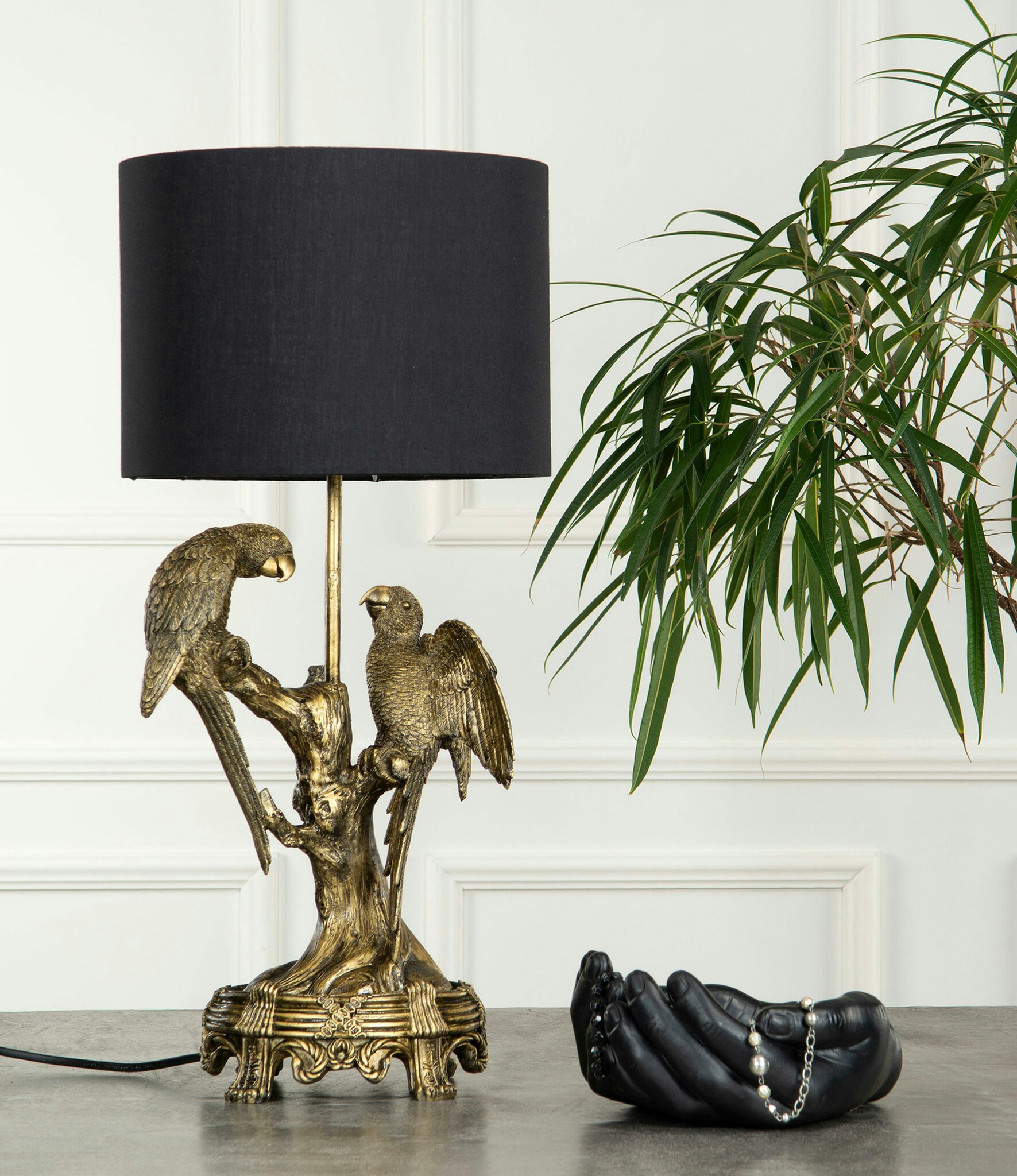 Lampa Papegoja, Belysning, Inredningsdetalj, cool lampa, kolonialstil, Fåglar, Exotiskt, guld, svart lampskärm