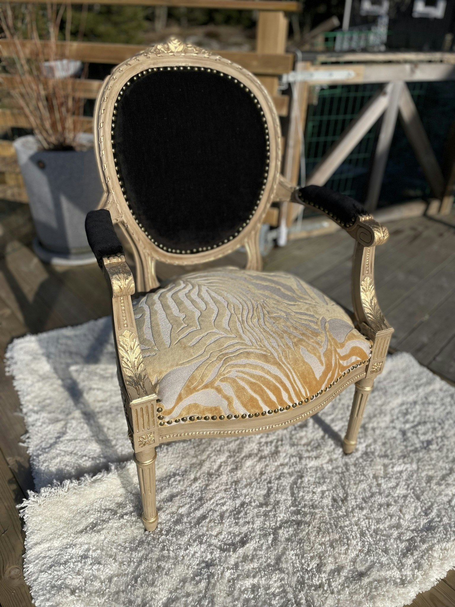 Eleganta stolar i svart och zebra samt med gulddetajer