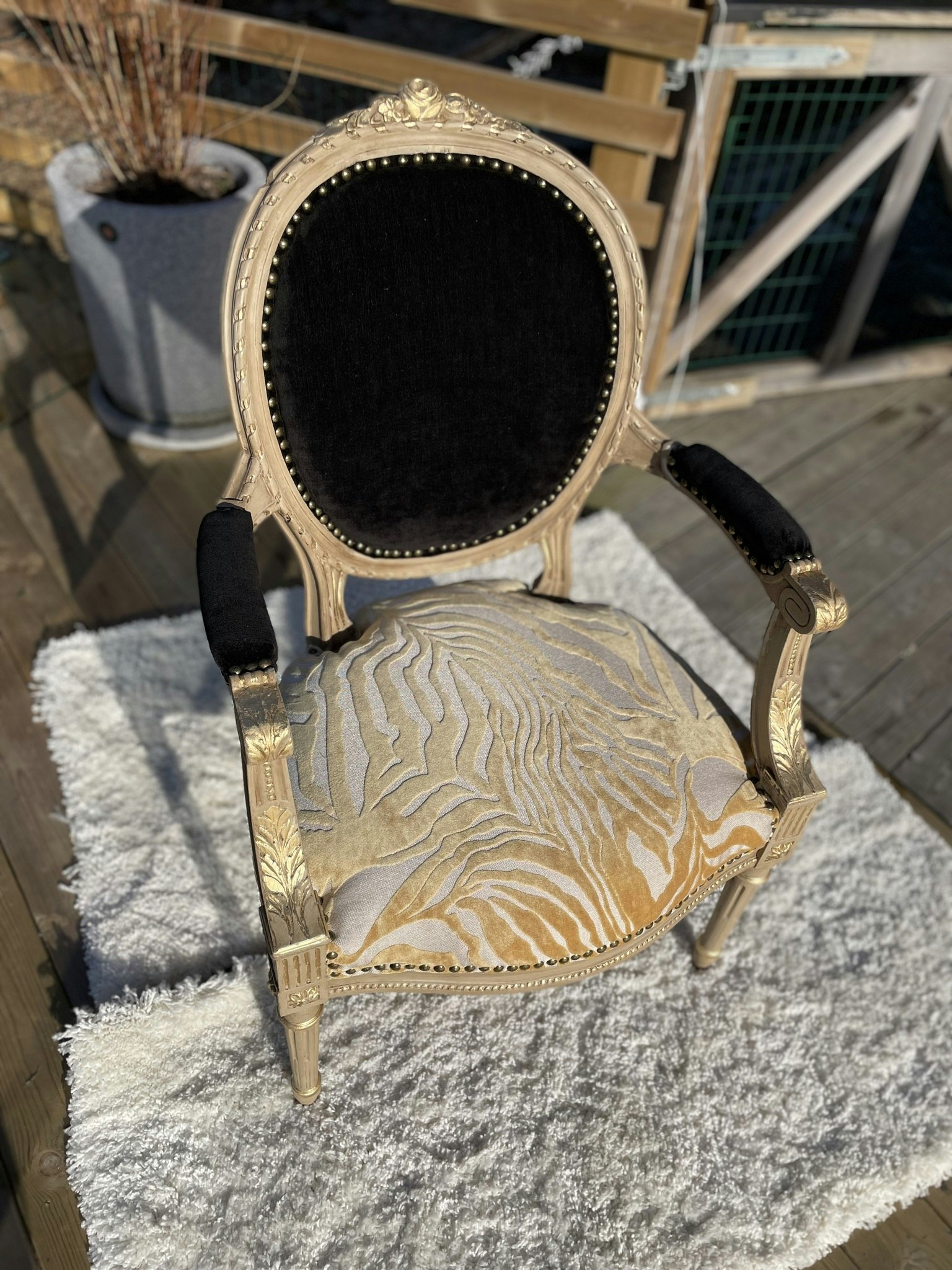 Eleganta stolar i svart och zebra samt med gulddetajer